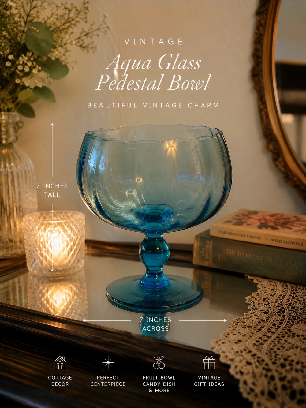 Vintage 7” MCM Aqua Glass Pedestal Bowl